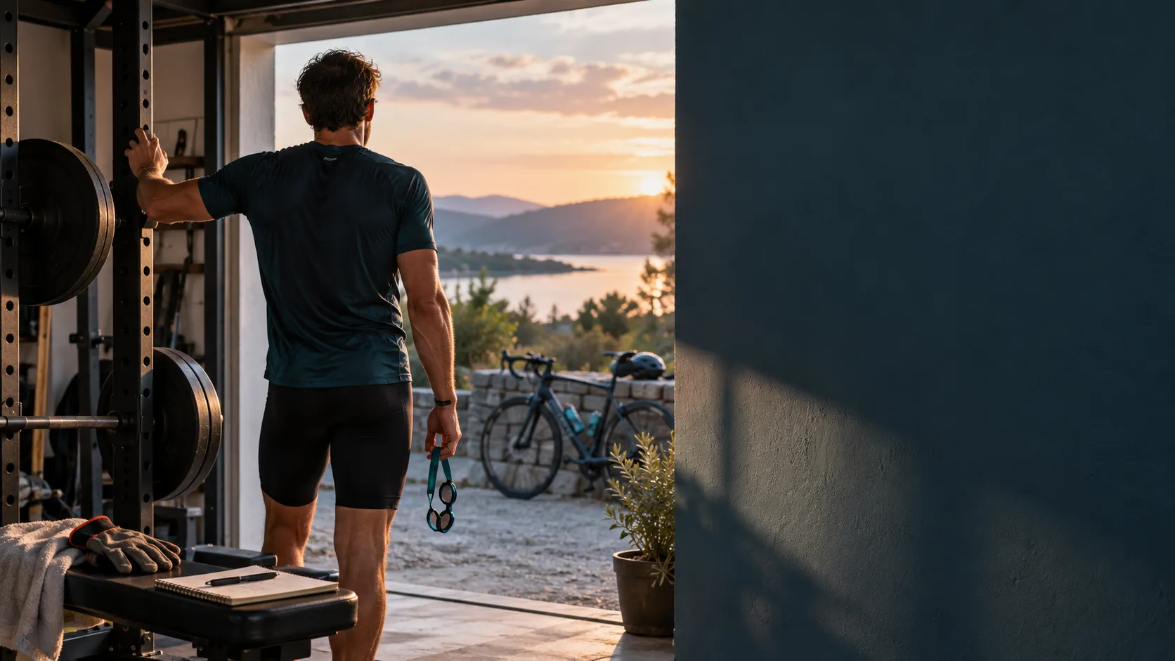 Kraftsportler mit Schwimmbrille am Übergang vom Kraft- zum Triathlontraining